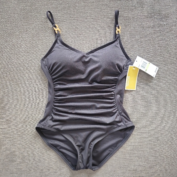 Michael Kors Black w Gold Chain Link Over the Shoulder One Piece Swimsuit Size 8 - Picture 1 of 16